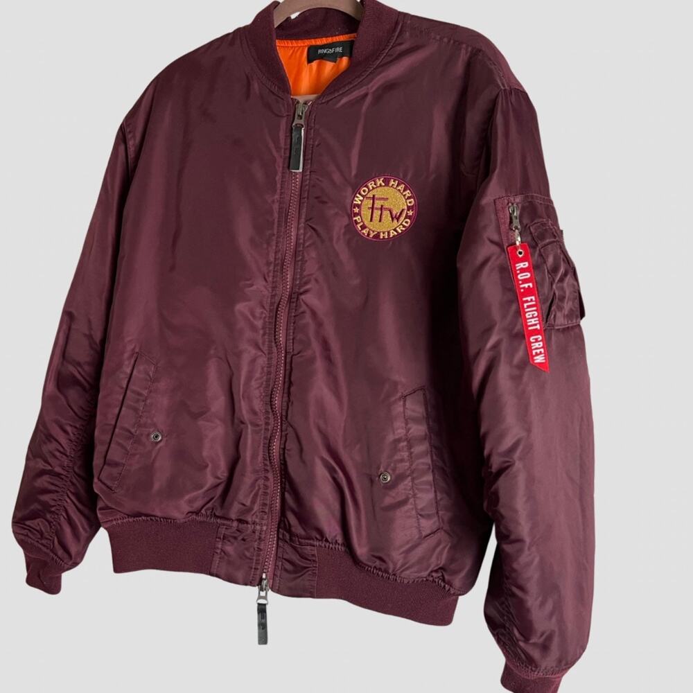 Vintage Ring of Fire Men Burgundy R.O.F.  Flight Crew puffy Jacket Size Large
